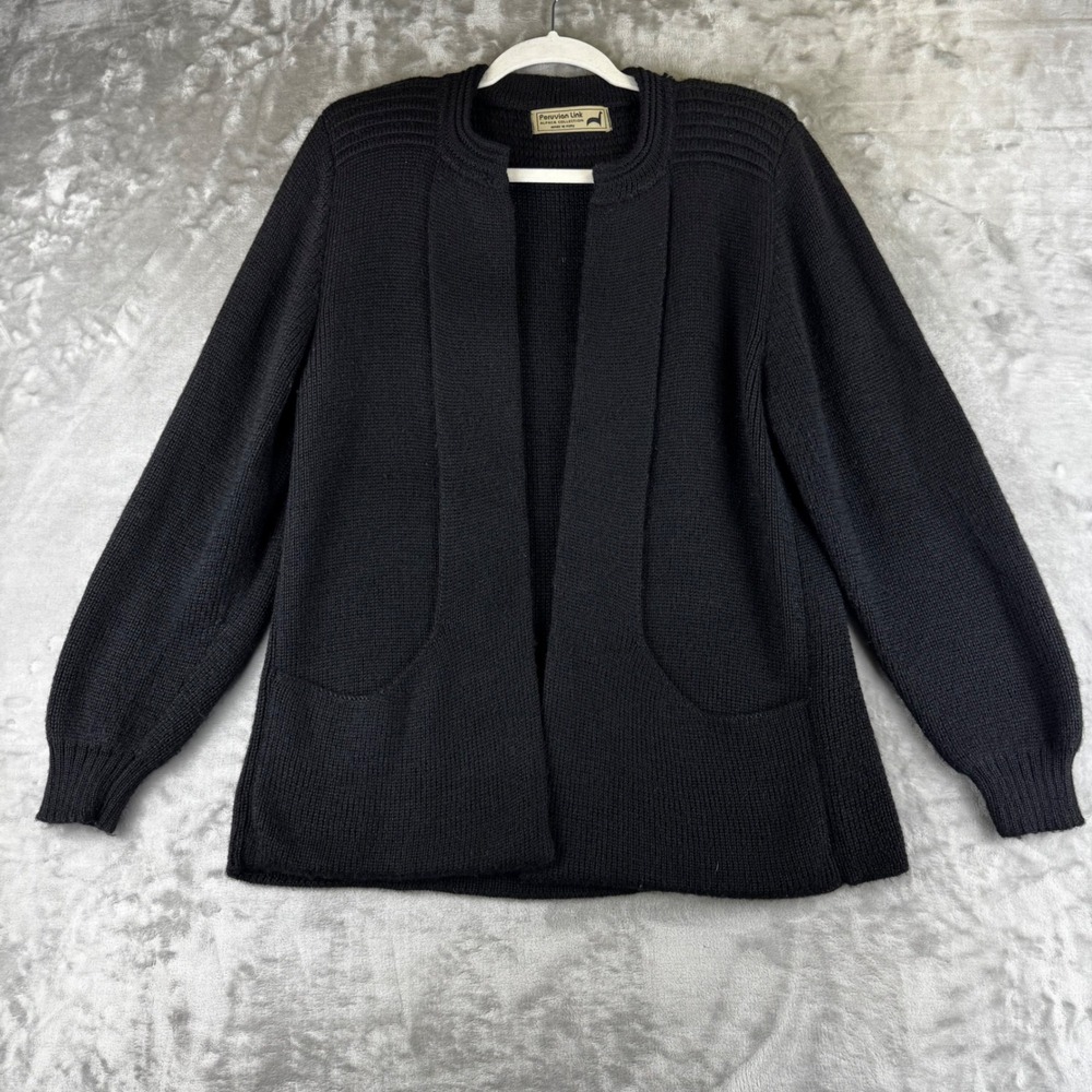 Peruvian Link Cardigan Women M/L Black Alpaca Open Front Knit Sweater (1502)